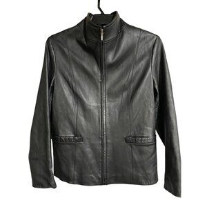 JLC New York Womens Black Leather Jacket Size Medium Modern Zip Up Fully Lined